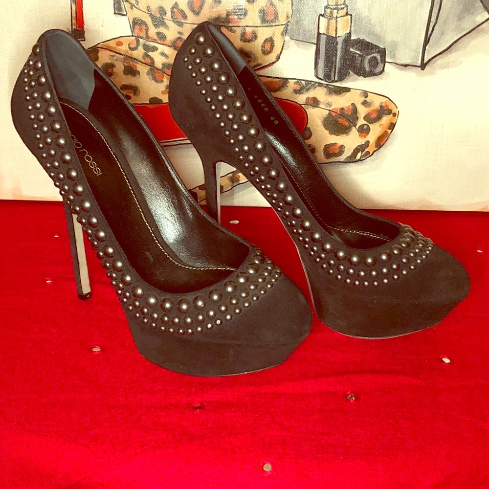 SERGIO ROSSI BLACK SUEDE STILETTO W/SILVER STUDS